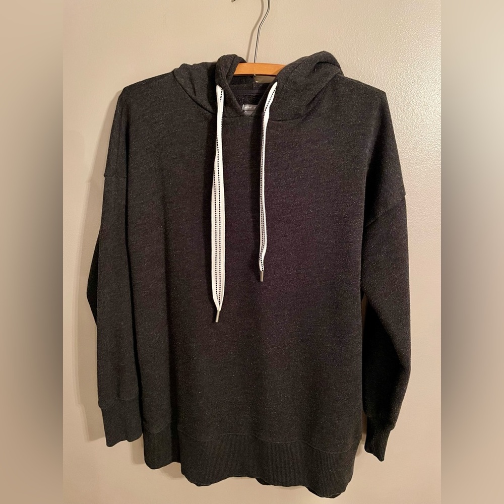 Aerie Women’s Hoodie Wide White Strings Charcoal Soft Roomy Fit Sz S Gorpcore